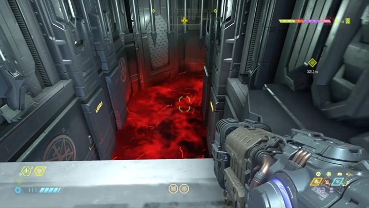 Nehmen Sie zum Schluss den Aufzug und gehen Sie weiter durch die Korridore, bis Sie den Raum mit den roten Entladungen erreichen - Doom Eternal: Komplettlösung für Kultistenbasis - Walkthrough für Ebenen - Doom Eternal Guide