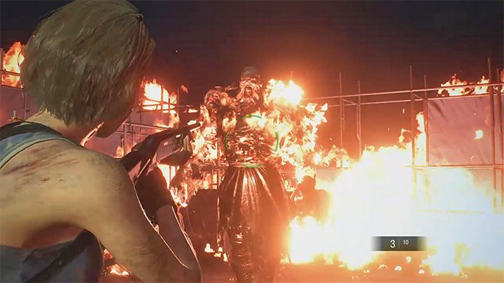 Nachdem der Kraftstofftank zerstört wurde, gelangen Sie in die zweite Phase des Kampfes - Sie müssen angreifen und den brennenden Nemesis - Resident Evil 3: Nemesis - Abbruchstelle Bosskampf - Nemesis Bosskämpfe - Resident Evil 3 Guide vermeiden