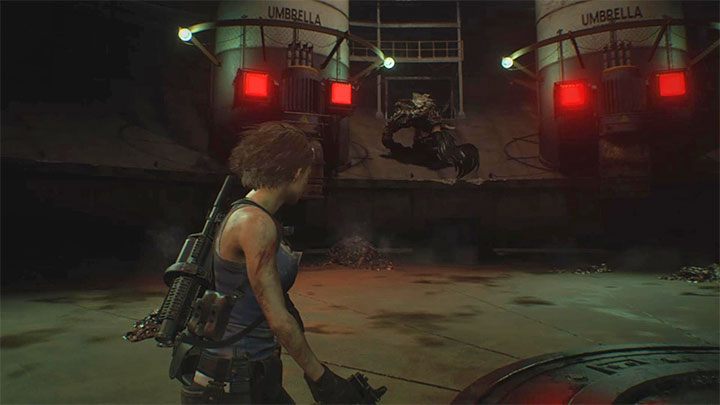 Während der zweiten Phase des Kampfes wird Nemesis von Zeit zu Zeit am Rand der Arena herumlaufen - Resident Evil 3: Nemesis - NEST 2-Bosskampf - Nemesis-Bosskämpfe - Resident Evil 3-Leitfaden
