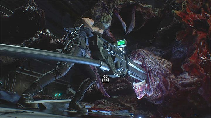 Es gibt eine sehr einfache QTE: Kippen Sie zuerst den Analogstick nach oben, um die Railgun in den Nemesis-Mund zu stecken, und drücken Sie dann den R2 / rechten Abzug, um den letzten dritten Schuss abzufeuern - Resident Evil 3: Nemesis - letzter Bosskampf - Nemesis-Bosskämpfe - Resident Evil 3 Guide