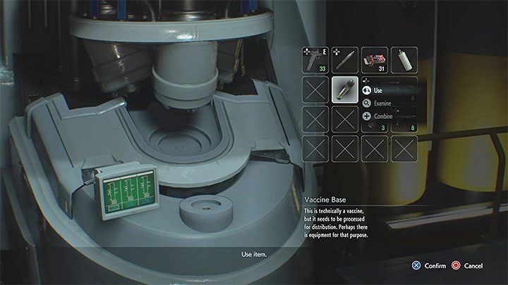 Jetzt können Sie mit der Maschine interagieren und Vaccine Base darauf verwenden - Resident Evil 3: NEST 2-Impfstoff-Puzzle - Puzzle-Lösungen - Resident Evil 3-Handbuch