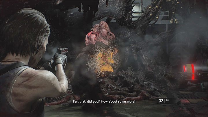 Ihre Aufgabe ist es, auf die Zysten zu schießen, die auf dem Bosss-Körper erscheinen - Resident Evil 3: Letztes Duell mit Nemesis-Komplettlösung - Story-Komplettlösung - Resident Evil 3-Anleitung