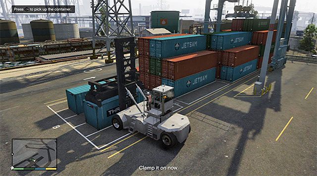 Halten Sie am ersten Container an und positionieren Sie den Kran des Fahrzeugs direkt über dem Container - GTA 5: Scouting the Port - Walkthrough zur Mission - Hauptmissionen - GTA 5-Leitfaden