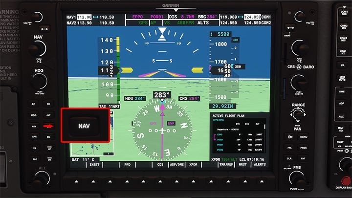 3 - Beachten Sie, dass sich das Flugzeug nicht in Richtung des nächsten Navigationspunkts dreht, sondern zuerst in Richtung der rosa Linie fliegt, die den Kurs zum nächsten Punkt markiert, um auf genaueste Weise dorthin zu fliegen - Microsoft Flight Simulator: Autopilot - Vorgehensweise bedienen? - Fortgeschrittenes Fliegen - Microsoft Flight Simulator 2020-Handbuch