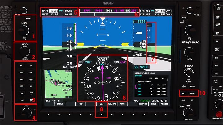 1- NAV - Knopf und Knopf zum Einstellen der VOR- oder ILS-Funkfrequenz - Microsoft Flight Simulator: Autopilot - wie wird es bedient? - Fortgeschrittenes Fliegen - Microsoft Flight Simulator 2020-Handbuch
