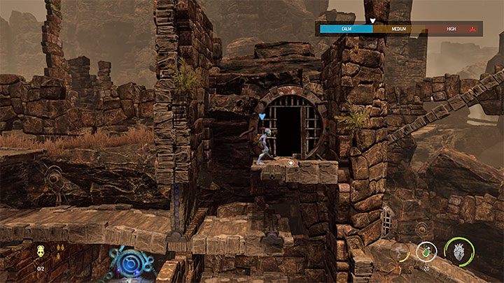 Sobald Sie die Glocke erreicht haben, senden Sie die Chi-Kugel darauf zu, um den Durchgang freizuschalten - Oddworld Soulstorm: Befreien Sie festgesteckte Mudokons, die Ruinen - Komplettlösung - 2: The Ruins - Oddworld Soulstorm Guide