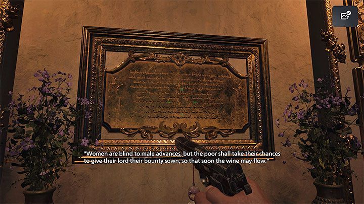 Der Schlüssel zum Lösen des Puzzles ist eine Inschrift auf einem großen Gemälde an der Wand - Resident Evil Village: 4 Statuen Puzzle - Hall of Ablution Statuen - Puzzle-Lösungen - Resident Evil Village Guide