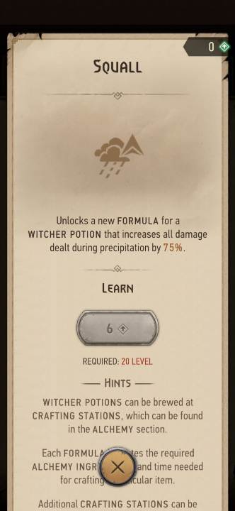 Effekt: Ermöglicht die Herstellung des Squall-Tranks - The Witcher Monster Slayer: Skills - Alchemie - Skills - Witcher Monster Slayer Guide