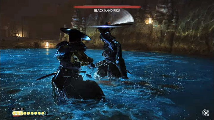 Riku kann auch zahlreiche und schnelle blaue Angriffe einsetzen - Ghost of Tsushima Iki Island: The Legend of Black Hand Riku - Komplettlösung - Mythic Tales - Ghost of Tsushima Guide, Komplettlösung