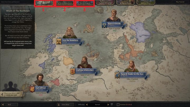 Das erste Szenario von links ist der Zorn der Nordmänner (1) - Crusader Kings 3: Herrscherauswahl - Grundlagen - Crusader Kings 3 Spielanleitung