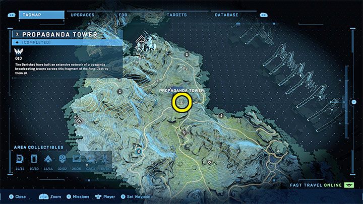 Der Turm befindet sich im nördlichen Teil der Region, in der Nähe des Außenpostens Tremonius – Halo Infinite: Propagandatürme (Verbindungen) – Verbindungen – Halo Infinite Guide
