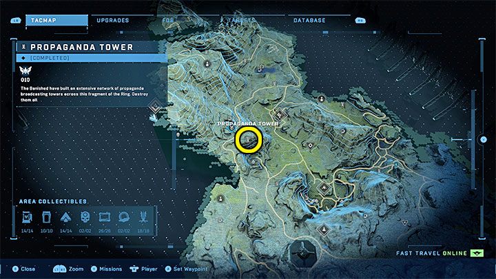 Der Turm befindet sich im zentralen Teil der Region, in der Nähe der FOB-Basis – Halo Infinite: Propagandatürme (Verbindungen) – Verbindungen – Halo Infinite Guide