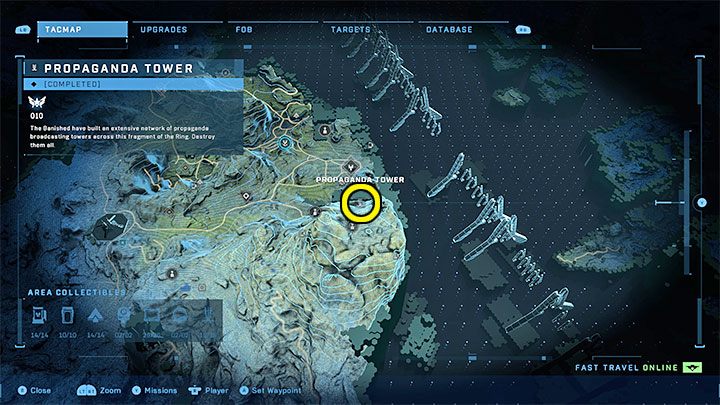 Der Turm befindet sich im östlichen Teil der Region, in der Nähe eines der verbannten Außenposten – Halo Infinite: Propagandatürme (Verbindungen) – Verbindungen – Halo Infinite Guide