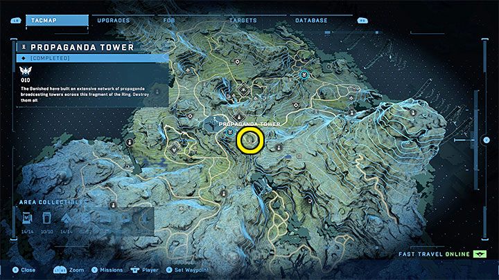 Der Turm befindet sich im zentralen Teil der Region, in der Nähe einer der FOB-Stützpunkte – Halo Infinite: Propagandatürme (Verbindungen) – Verbindungen – Halo Infinite Guide