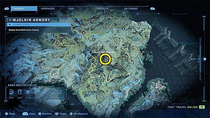 Die Waffenkammer befindet sich im südöstlichen Teil der Region – Halo Infinite: Mjolnir Armory und Spartan Cores (Verbindungen) – Verbindungen – Halo Infinite Guide