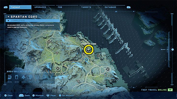 Der Kern befindet sich im nordöstlichen Teil der Region, in der Nähe des FOB Bravo-Lagers – Halo Infinite: Mjolnir Armory und Spartan Cores (Verbindungen) – Verbindungen – Halo Infinite Guide