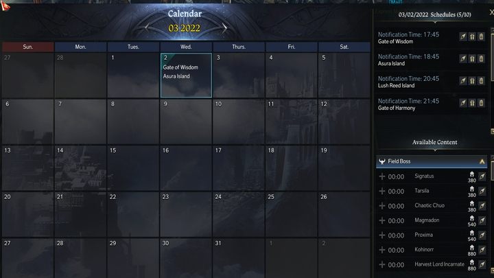 Der Kalender hingegen zeigt einen detaillierten Plan des Tages und der folgenden Tage, zusammen mit den geplanten Zeiten - Lost Ark: Tägliche Aktivitäten - Liste - Aktivitäten nach Level 50 - Lost Ark Guide