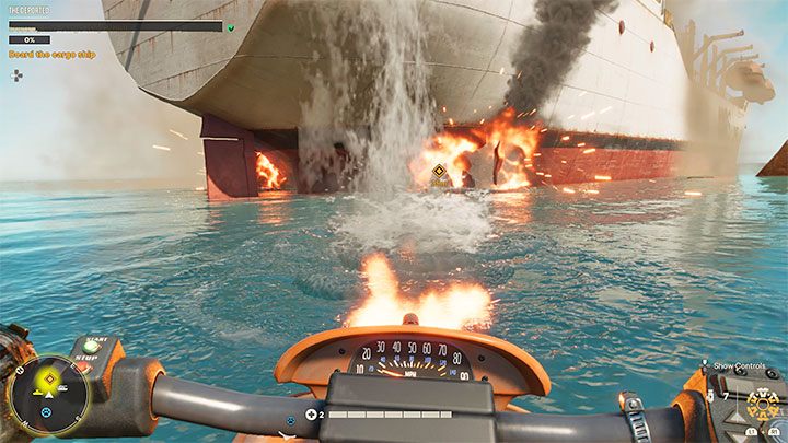 Sie werden feststellen, dass das Wasserfahrzeug, das Sie aus dem Hafen mitgenommen haben, mit einer Kanone ausgestattet ist, und Sie können es sofort verwenden, um feindliche Boote zu erledigen und vor allem den markierten Teil des Rumpfes des Frachtschiffs zu beschädigen - Far Cry 6: The Deported - Komplettlösung – El Este – Far Cry 6 Anleitung