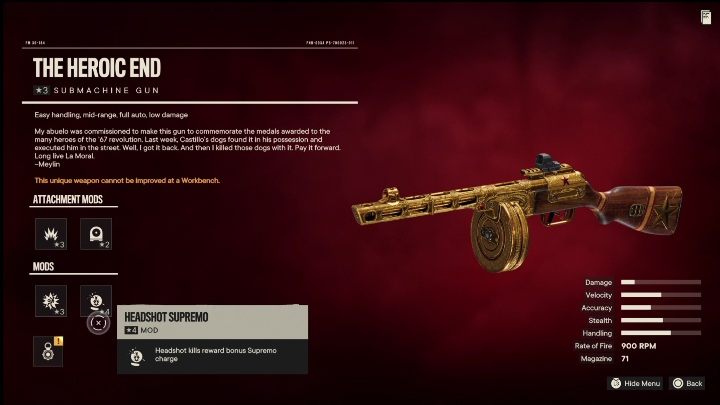 Besonderheiten: Die Heroic End ist eine Maschinenpistole mit den folgenden Modifikationen – Far Cry 6: Maschinenpistolen, Einzigartige Waffen – Liste – Einzigartige Waffen – Far Cry 6 Guide