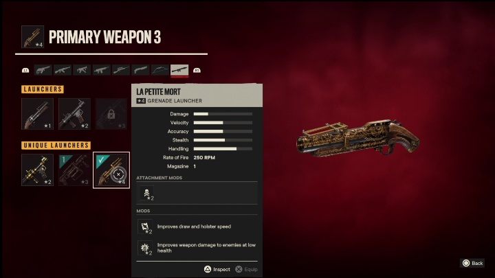 Besonderheiten: La Petite Mort ist ein Werfer mit den folgenden Modifikationen – Far Cry 6: Werfer, Einzigartige Waffen – Liste – Einzigartige Waffen – Far Cry 6 Guide