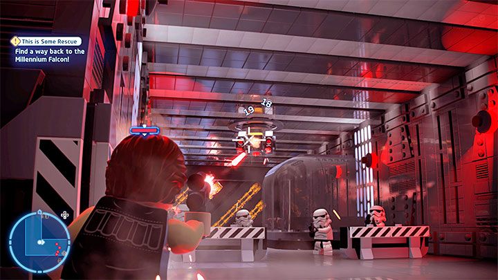 Der Offizier versteckt sich um die Ecke und neben den neuen regulären Feinden müssen Sie auch auf den Turm in der Nähe der Decke achten – LEGO Skywalker Saga: This is Some Rescue – Komplettlösung – Episode 4 – Eine neue Hoffnung – LEGO Skywalker Saga Guide