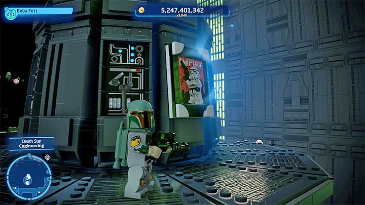 Um dieses Rätsel zu lösen, müssen Sie 10 Poster finden und zerstören (ein Beispiel ist im Screenshot dargestellt) – LEGO Skywalker Saga: Todesstern I (Todesstern I) – Freischaltung und Liste aller Rätsel – Flaggschiffe – LEGO Skywalker Saga Guide