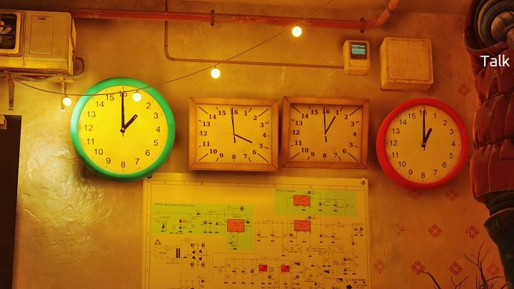 Sie müssen sich die 4 Uhren ansehen, die an der Wand hängen - Stray: Das Puzzle mit Seamus Geheimraum - Die Slums - Puzzles - Stray Guide, Walkthrough