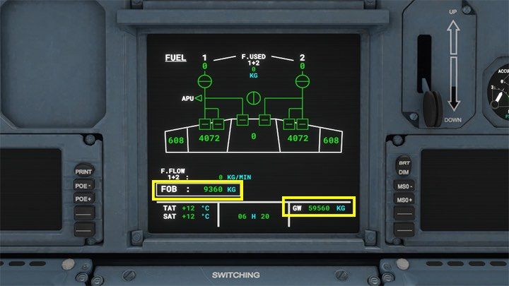 Fuel on Board FOB and Gross Weight GW (TOW in MCDU) can be checked on the central system monitor and corrected if necessary - Microsoft Flight Simulator: How to program MCDU on-board computer? - Passenger aircraft - Microsoft Flight Simulator 2020 Guide