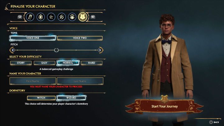 Der letzte Schritt der Charaktererstellung besteht darin, deinem Helden einen Namen zu geben, sein Geschlecht, seine Stimme (weiblich oder männlich) und seinen Ton auszuwählen – mit so vielen Optionen kannst du den Charakter sicherlich noch einzigartiger machen – Hogwarts Legacy: Character Creator - Charakterentwicklung - Hogwarts Legacy Guide
