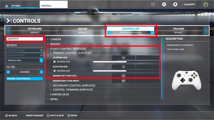 In the sensitivity menu, reduce the LS X and LS Y sliders by about 50 percent - Microsoft Flight Simulator: Keybinds/Controls - PC, Xbox One - Appendix - Microsoft Flight Simulator 2020 Guide