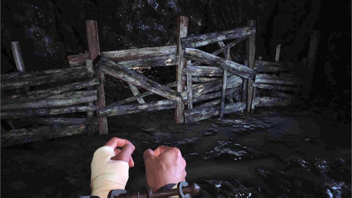 Wenn Sie die kleine Holzbarrikade erreichen, drücken Sie die Interaktionstaste, um sie zu zerstören – Resident Evil Village: A Mine – Komplettlösung – Dorf – Erster Besuch – Resident Evil Village Guide