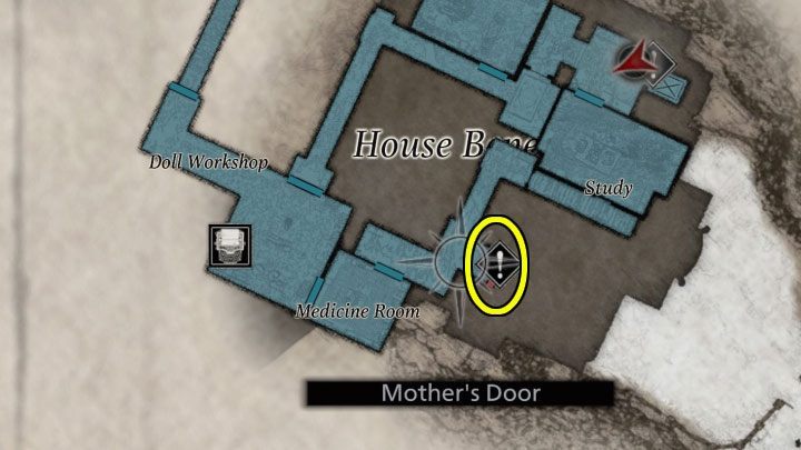 You must now reach the Mother's Door pictured in the above images, which is adjacent to the room with the sink - Resident Evil Village: Getting out of the basement - walkthrough - Beneviento House - Resident Evil Village Guide