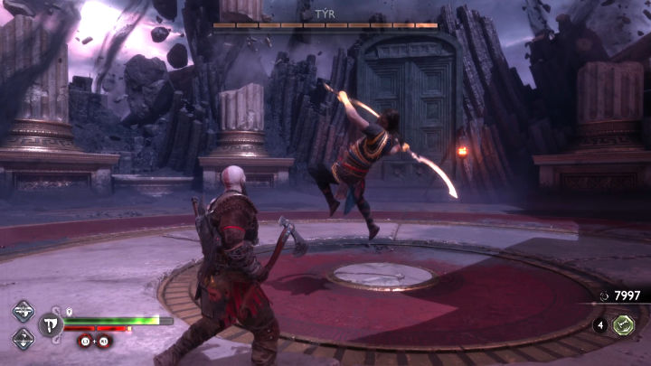 Im dritten Kampf verwendet Tyr zwei sichelförmige Schwerter, Khopeshes – God of War Ragnarok Valhalla: Tyr – Valhalla DLC – God of War Ragnarok Guide