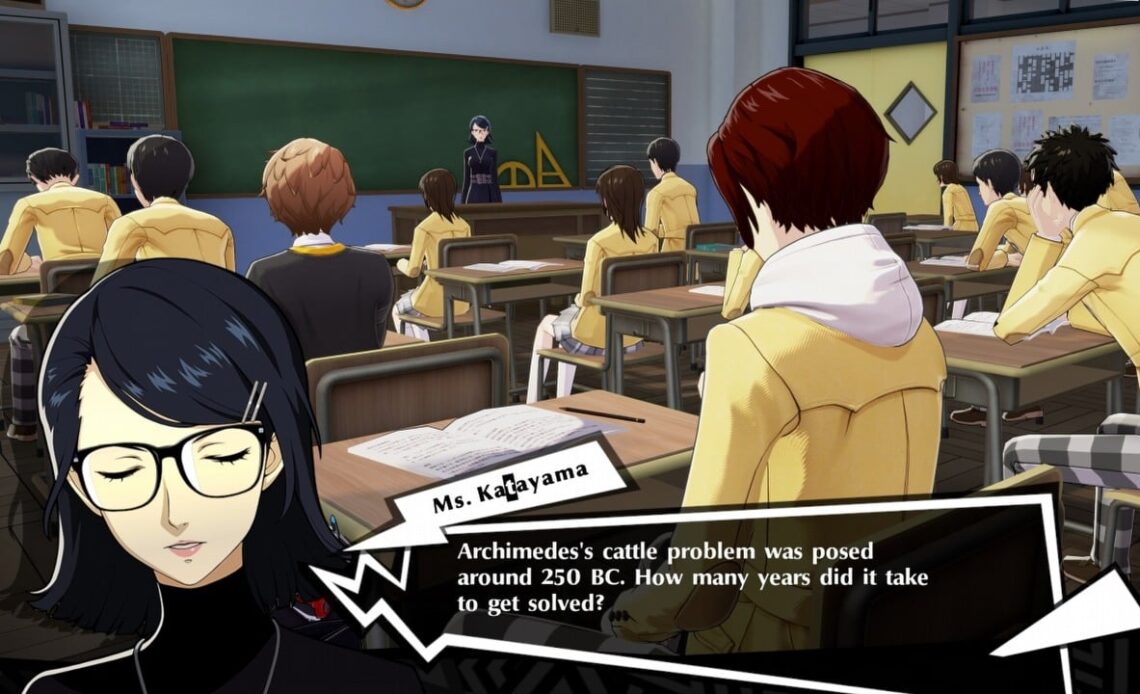 Persona 5 X answer to „Archimedes’s cattle problem was posed around 250 BC. How many years did it take to get solved?”, image source: Persona 5 The Phantom X, Developer: ATLUS, SEGA, Perfect World.