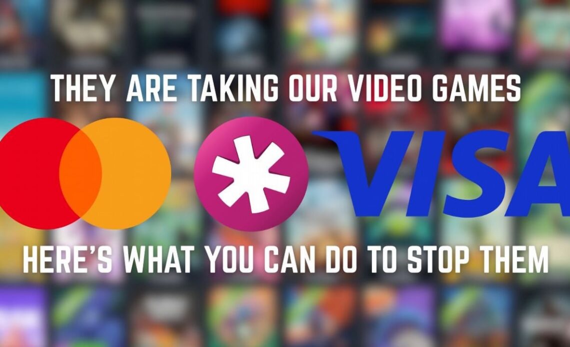 How to contact Visa and Mastercard if you want to protest censorship of games on Steam and itch.io, image source: Mastercard, Collective Shout, Visa. Background: My steam library, blurred..