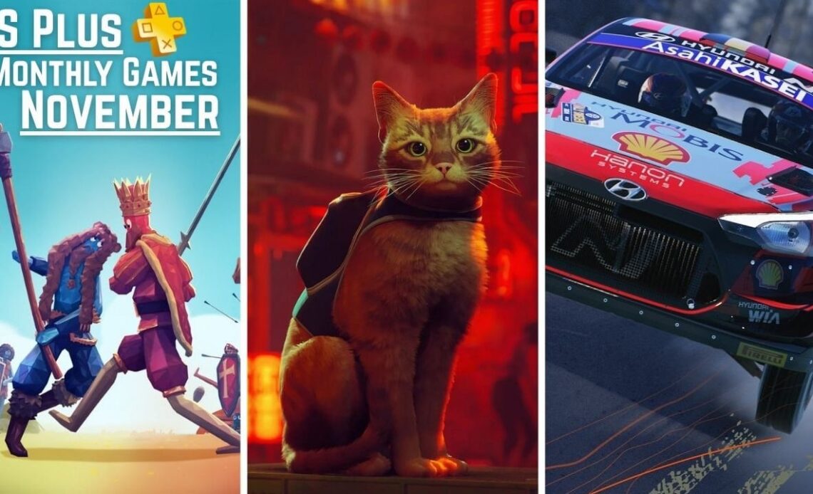 PS Plus free monthly games for November 2025 revealed, confirming the inclusion of an award-winning indie, image source: Totally Accurate Battle Simulator, Developer: Landfall Games, Stray, Developer: Blue Twelve Studio, EA Sports WRC 24, Developer: Codemasters.