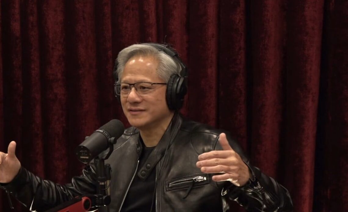 NVIDIA CEO Jensen Huang predicts that in the next two or three years, about 90% of the world’s knowledge could be generated by AI, image source: YouTube @joerogan.