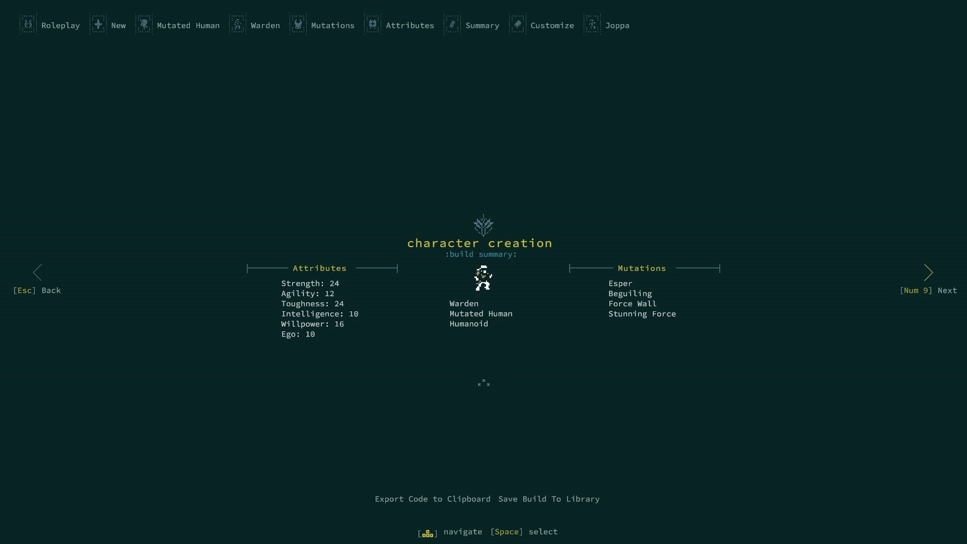 Der Bildschirm zur Charaktererstellung für Kevin, den bescheidenen Aufseher, den ich für mein Durchspielen von Caves of Qud verwendet habe