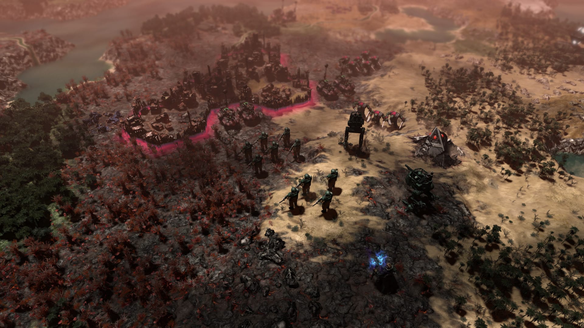 In einem Screenshot aus Warhammer 40K: Gladius – Relics of War bereiten sich Armeen auf den Kampf vor