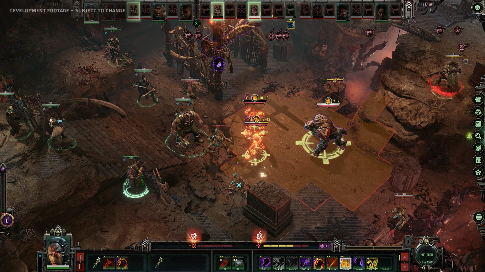 Ein Screenshot eines taktischen Top-Down-Kampfes zwischen der Gruppe eines Inquisitors und seinen Feinden in Dark Heresy