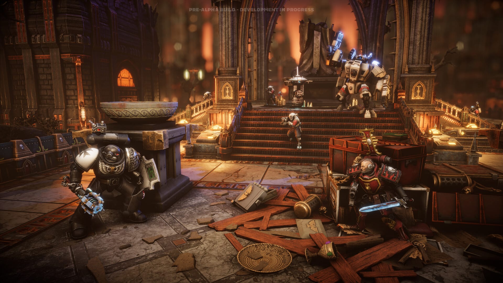 In einem Screenshot aus Chaos Gate: Deathwatch bereiten sich Space Marines und Inquisitoren auf den Kampf gegen die T'au vor