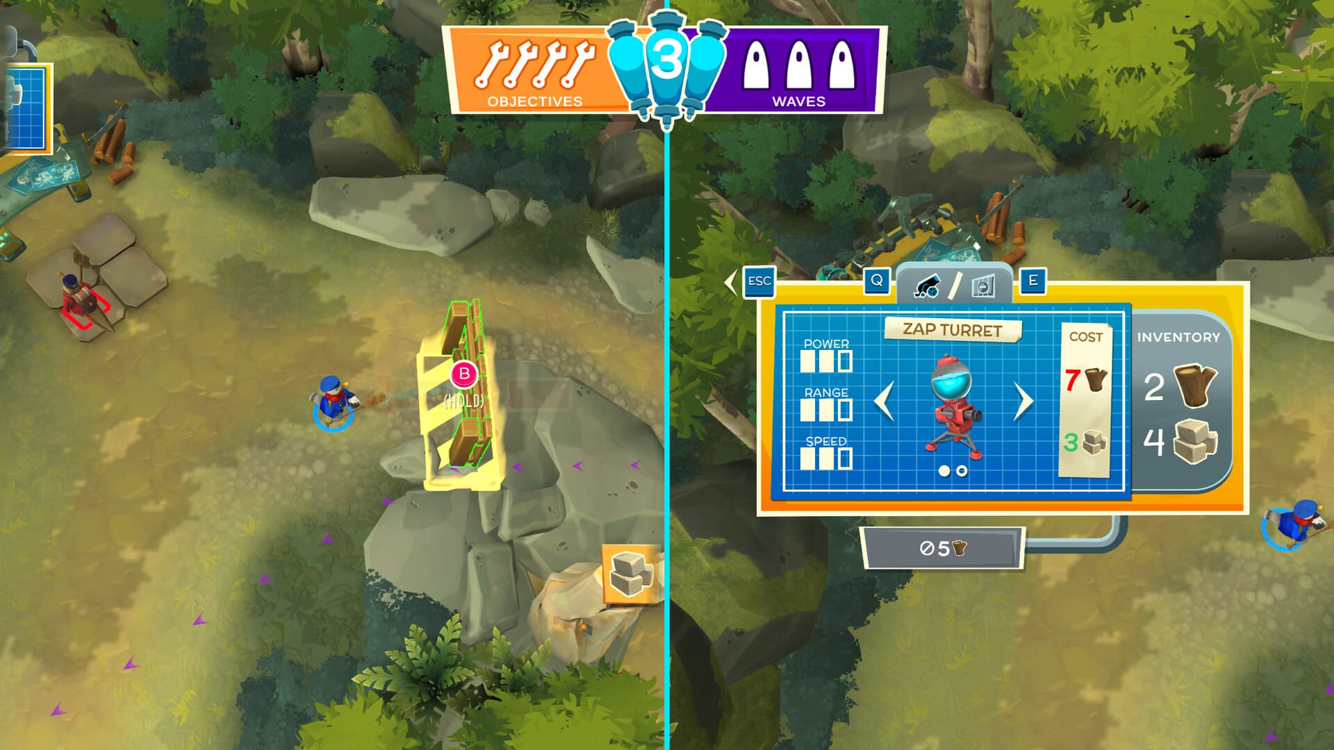 In einem Screenshot von Hack 'n' Stack bereiten zwei Spieler ihre Tower Defense gegen einen ankommenden Schwarm vor.