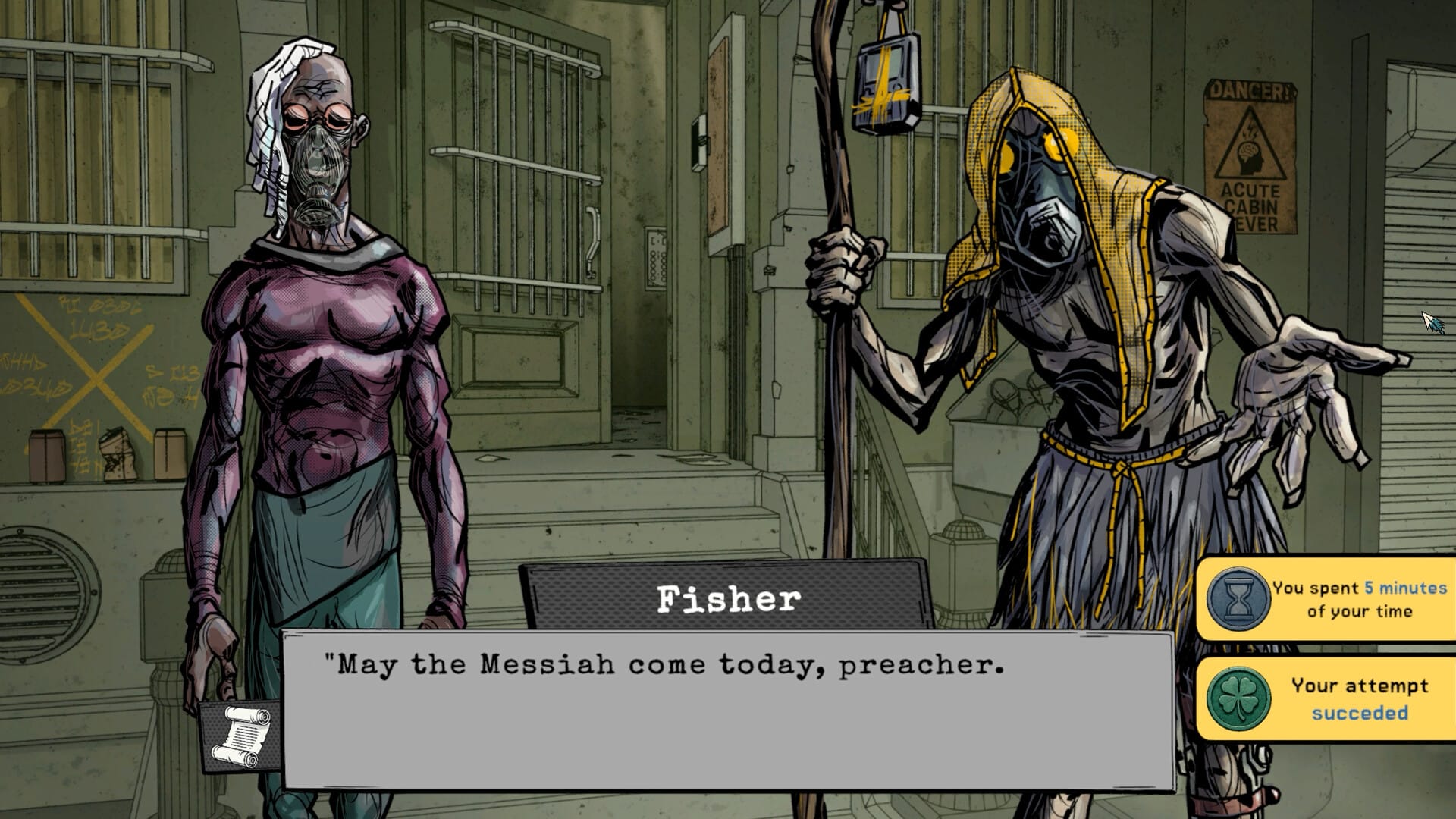 Fisher, der Protagonist von Crow Requiems Demo, begrüßt einen postapokalyptischen Prediger mit Gasmaske und Plane und sagt: "Möge der Messias heute kommen, Prediger."