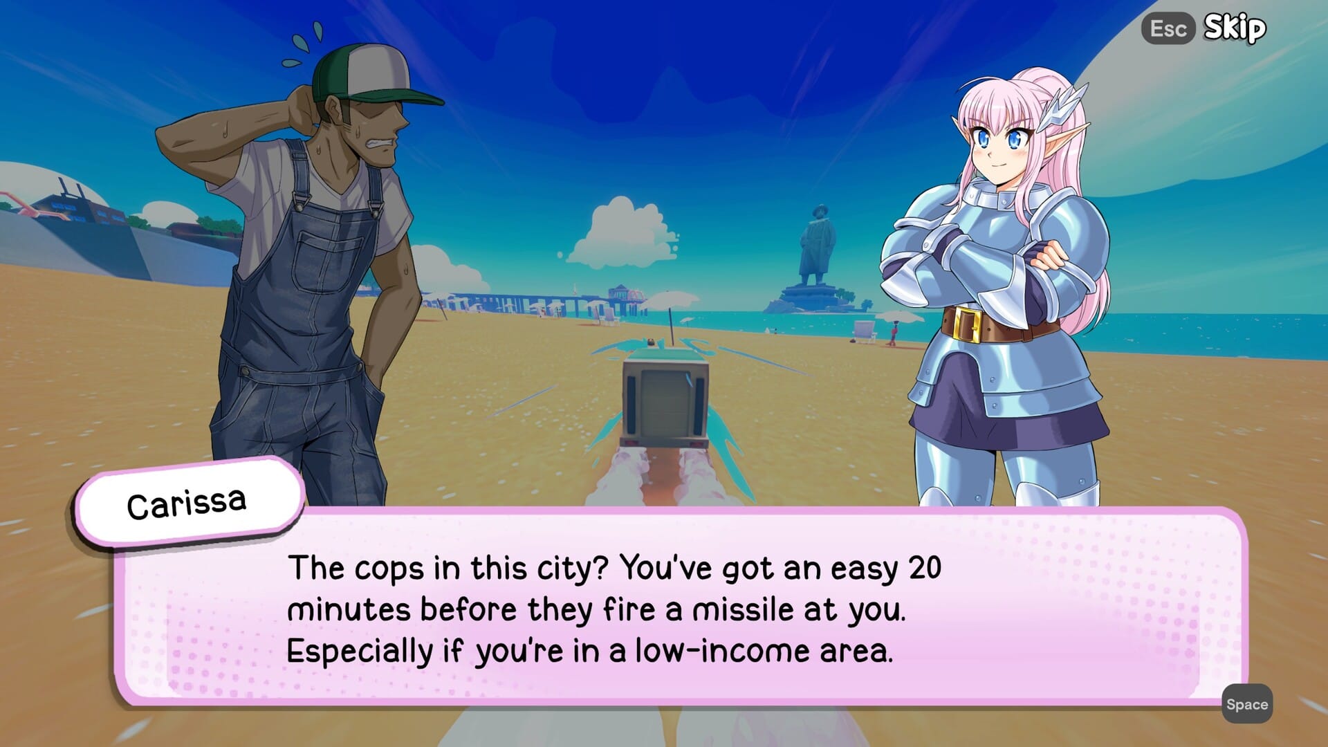 Ein Screenshot von Truck-kun is Supporting Me From Another World?! Die Fantasie-Carissa erklärt, warum es in Ordnung ist, Zivilisten mit einem Lastwagen anzufahren "Die Bullen in dieser Stadt? Du hast leichte 20 Minuten, bevor sie eine Rakete auf dich abfeuern. Vor allem, wenn Sie in einer Gegend mit niedrigem Einkommen leben."