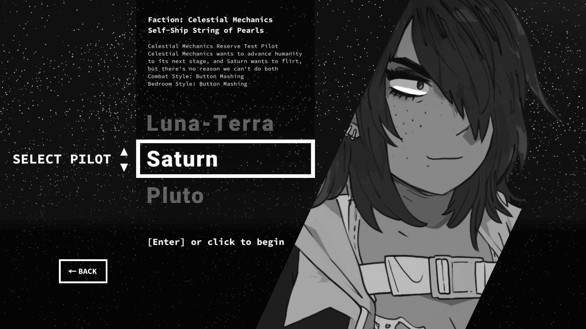 Der Pilotenauswahlbildschirm von Heaven Will Be Mine, mit dem aktuell ausgewählten Mech-Piloten namens Saturn