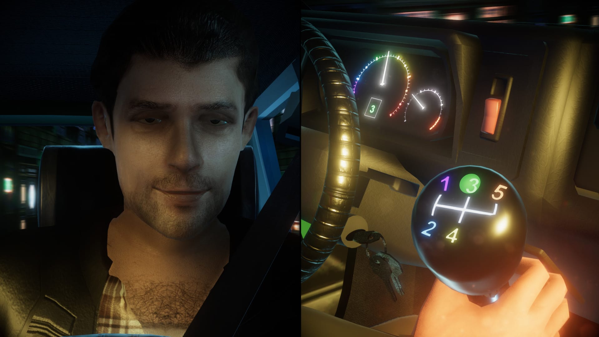 Auf einem Screenshot aus der Sammlung „Radiator 2“ grinst ein Fahrer in einem Auto, während er den Schaltknüppel einstellt