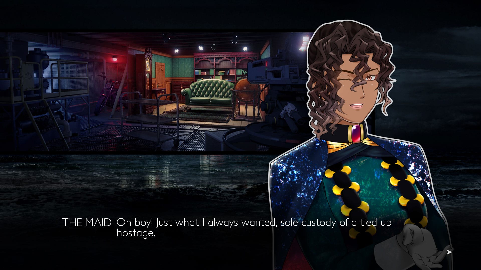Die Magd, eine Figur mit dunklem lockigem Haar und einem aufwendig mit Pailletten besetzten Outfit, zwinkert und sagt in einem Screenshot von Ladykiller in a Bind: „Oh Mann! Genau das, was ich immer wollte, das alleinige Sorgerecht für eine gefesselte Geisel.“