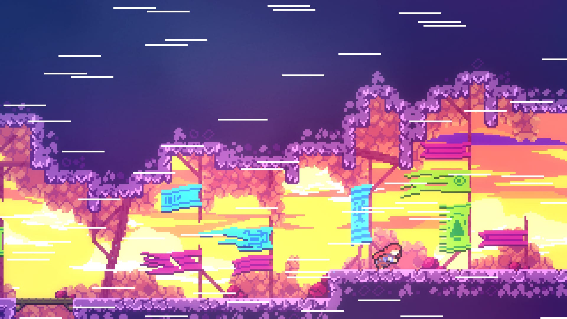Auf einem Screenshot von Celeste drängt sich Madeline durch eine windige Passage mit Bannern voran.