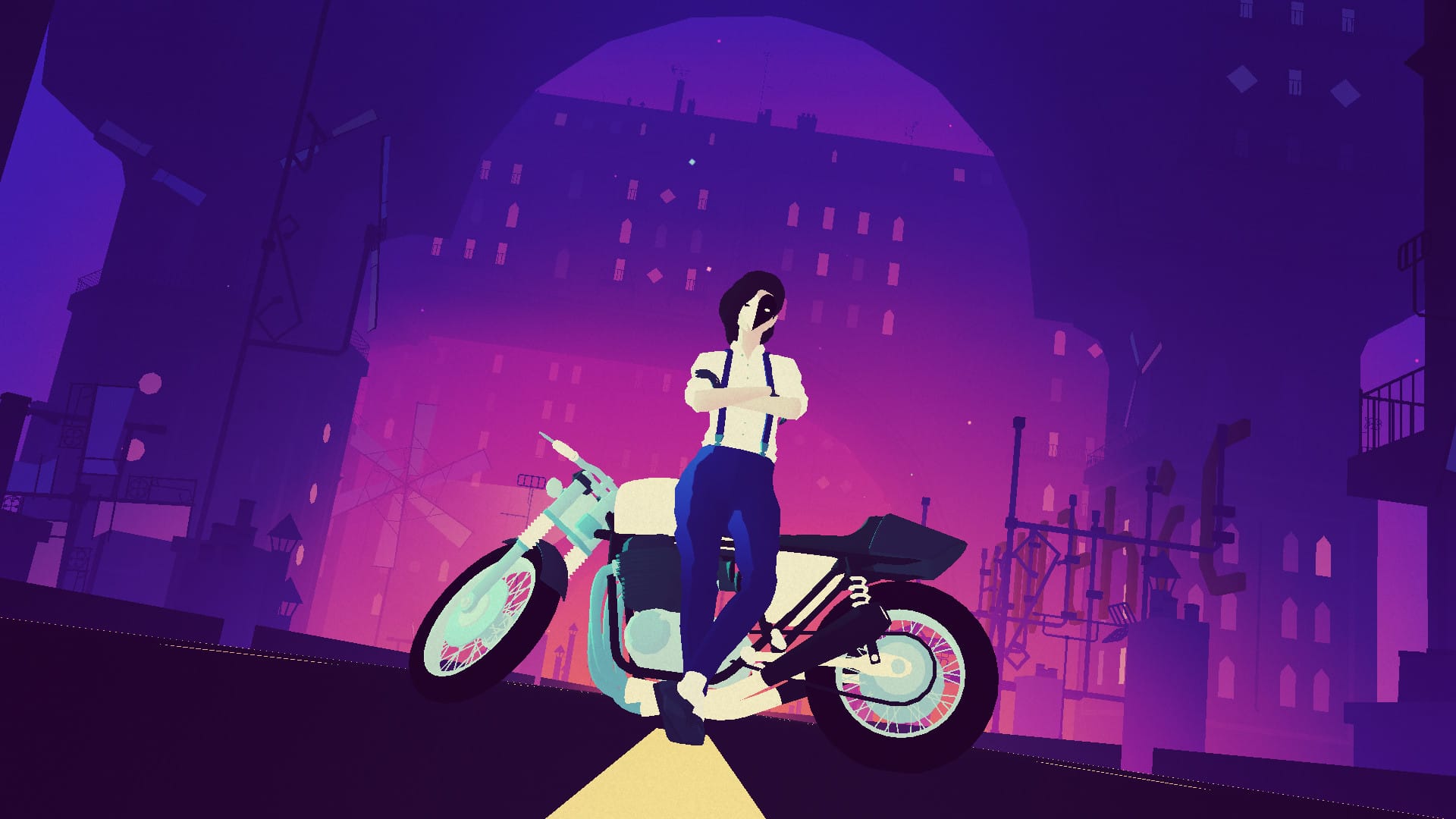 Auf einem Screenshot von Sayonara Wildhearts posiert eine Frau mit Halbmaske und Hosenträgern mit verschränkten Armen vor ihrem Motorrad