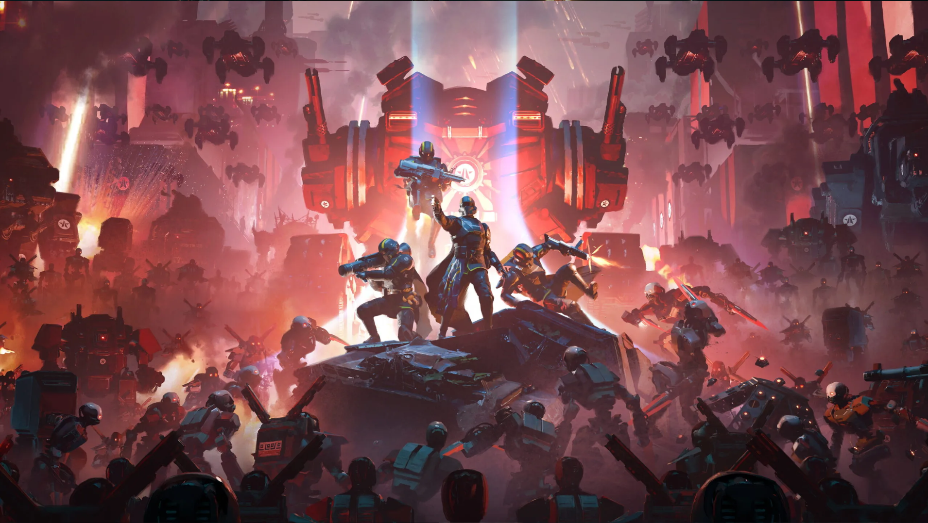 Schlüsselkunst für das Machinery of Oppression-Update in Helldivers 2, das vier Helldivers zeigt, die auf Cyberstan die Linie gegen Wellen von Automaton- und Cyborg-Truppen halten.